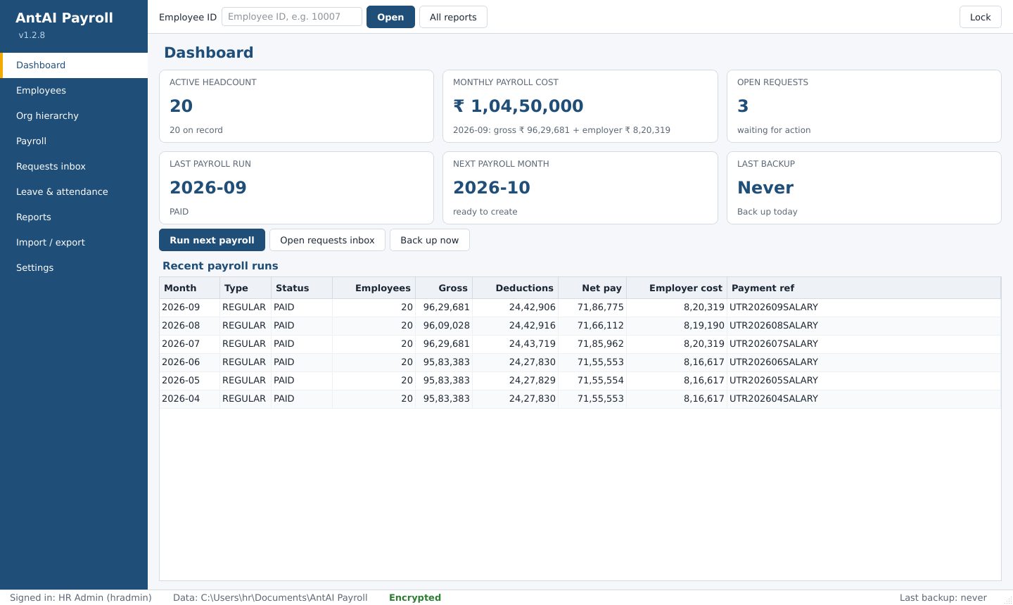 AntAI Payroll dashboard with headcount, monthly payroll cost, open requests, next payroll month, last backup and recent payroll runs