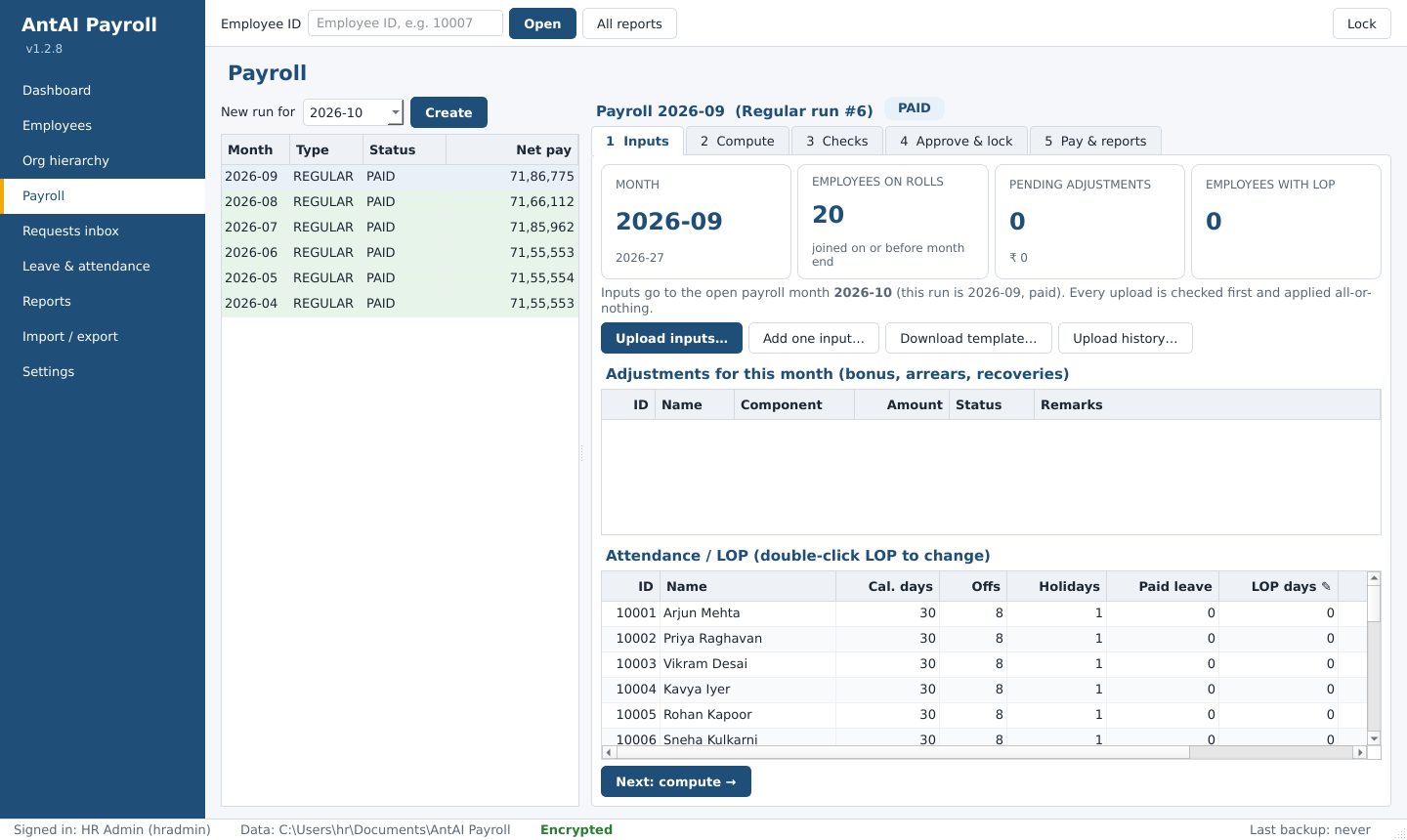 Payroll screen with tabs for Inputs, Compute, Checks, Approve and lock, and Pay and reports, showing attendance and LOP for each employee