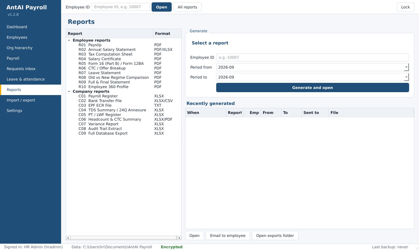 Reports screen listing employee reports such as payslip and Form 16, and company reports such as payroll register, bank transfer file and EPF ECR