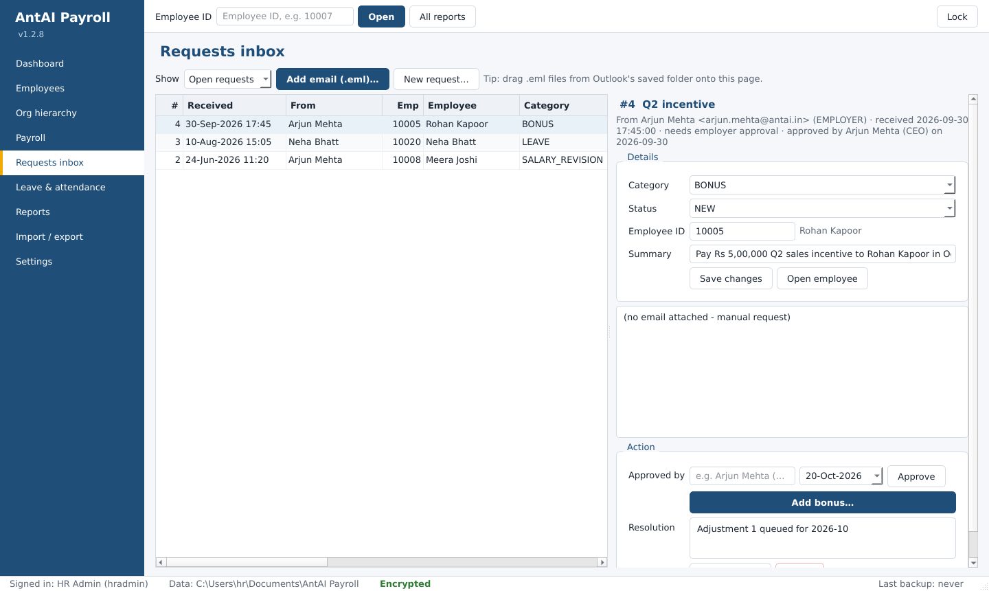 Requests inbox listing bonus, leave and salary revision requests, with the details and approval of a bonus request